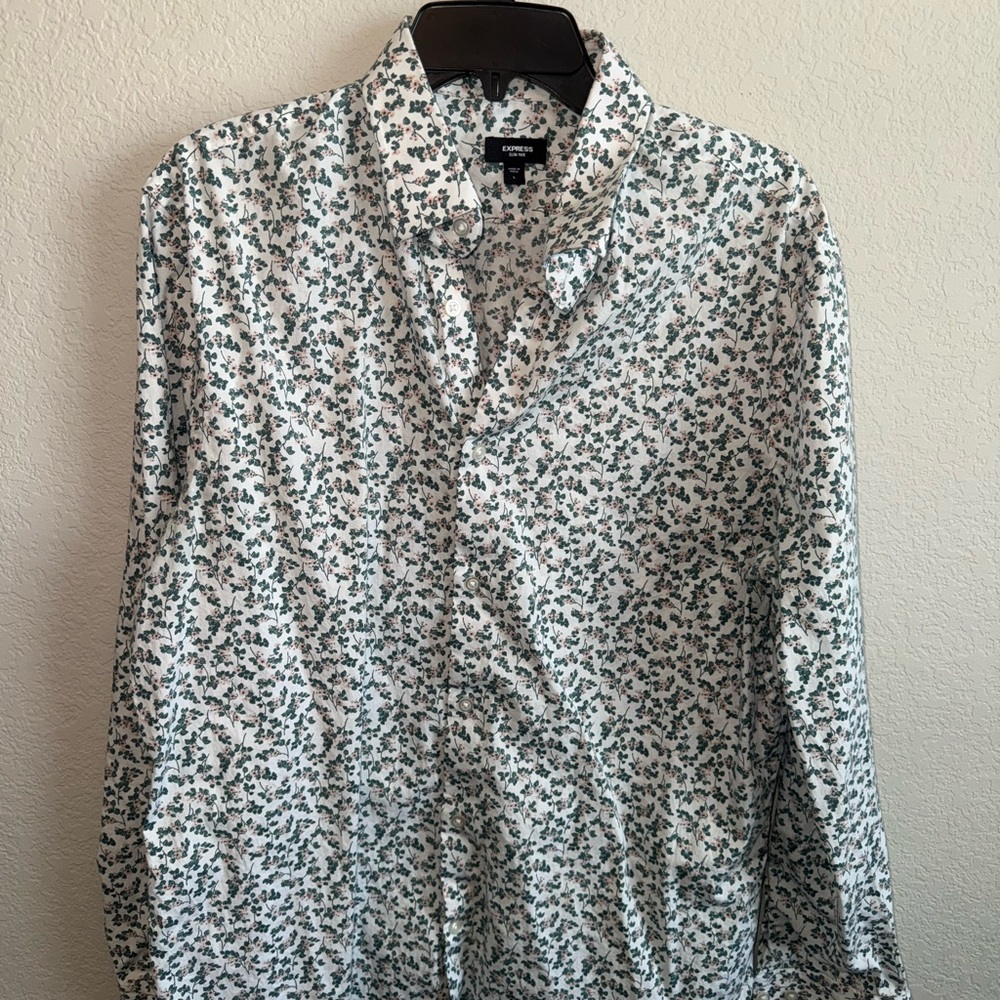 Express White and Green Floral Dress Shirt